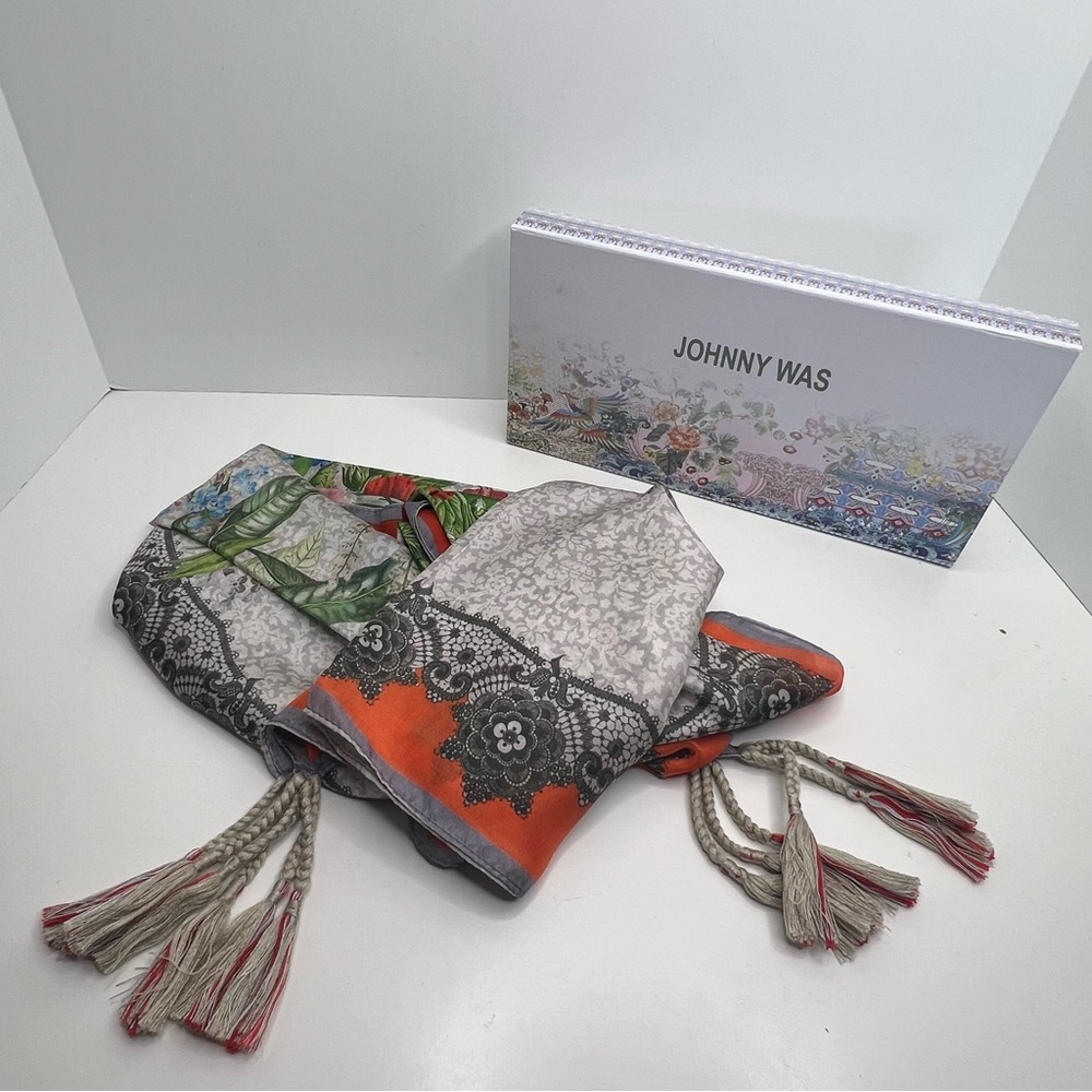 Johnny Was Vibrant Floral Scarf with Orange and Grey Border Tassels on Corners - Picture 6 of 9